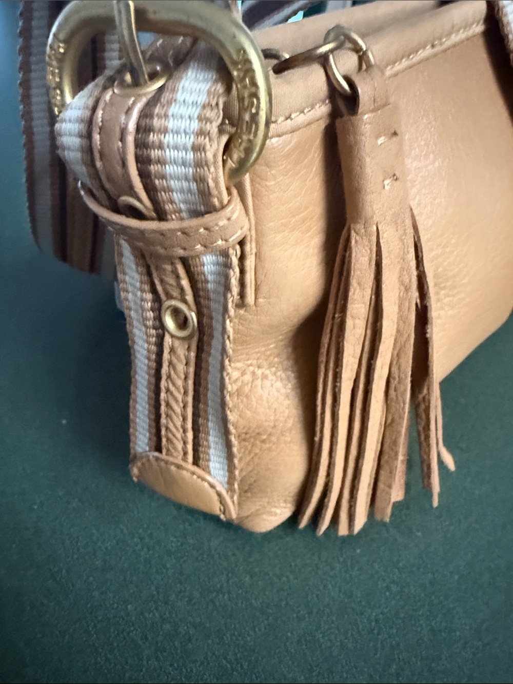 The Sak Tan Leather Shoulder Bag with Striped Strap and Tassel EUC - Picture 4 of 9